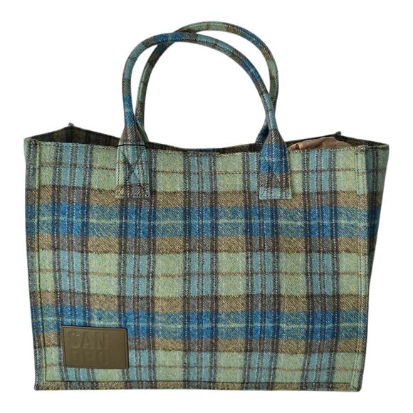 Sandro Paris Wool Tartan Plaid Large Tote Blue Green Snap Top Handle Bag NWT - Picture 13 of 13